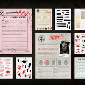 May include: A selection of crime scene investigation elements, including witness statements, confidential documents, sticky notes, and blood spatter. The documents feature stamps that say "Top Secret", "Classified", and "Document".