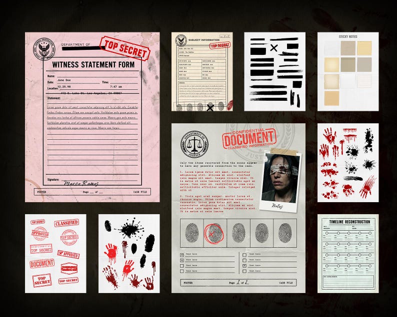 May include: A selection of crime scene investigation elements, including witness statements, confidential documents, sticky notes, and blood spatter. The documents feature stamps that say "Top Secret", "Classified", and "Document".