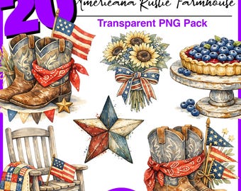 30 Americana Rustic Farmhouse — Watercolor Clipart Pack | Transparent PNG | 300 DPI | Patriotic USA Graphics