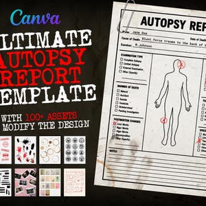 Può includere: Un modello digitale per un referto autoptico, con un modulo dettagliato che include sezioni per il tipo di esame, lesioni e tossicologia. Il design include un diagramma della figura umana e il testo "ULTIMATE AUTOPSY REPORT TEMPLATE" con il marchio "Canva".