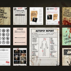 May include: A selection of crime-themed prints, including an autopsy report, evidence log, and memos. Some prints feature text such as "They Should Have Listened" and "Nothing Here Was Accidental". The prints have a vintage, distressed appearance.
