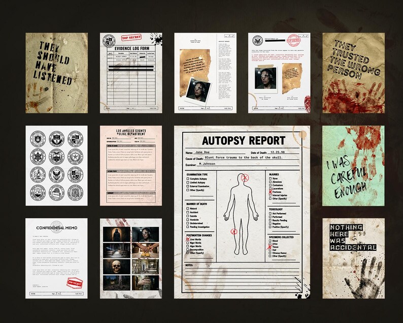 May include: A selection of crime-themed prints, including an autopsy report, evidence log, and memos. Some prints feature text such as "They Should Have Listened" and "Nothing Here Was Accidental". The prints have a vintage, distressed appearance.