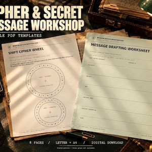 May include: Cipher & Secret Message Workshop fillable PDF templates featuring a Shift Cipher Wheel and a Message Drafting Worksheet. The documents include Morrow Archive Investigations branding, instructional text, circular letter wheels, and lined fields for drafting secret messages.