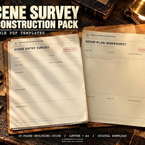 Könnte beinhalten: Ein Scene Survey Reconstruction Pack mit ausfüllbaren PDF-Vorlagen. Die Dokumente umfassen einen Scene Entry Survey und ein Room Plan Worksheet mit Rasterlinien, beide beschriftet mit Morrow Archive Investigations und Archive Copy.