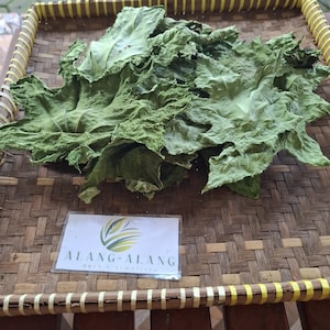 Pode incluir: Folhas verdes secas, possivelmente ervas, dispostas numa bandeja de bambu trançado. Um pequeno cartão com o texto "ALANG-ALANG Herb Simplistic" é visível. As folhas têm uma textura, e a bandeja tem um aspeto rústico.