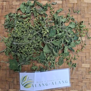 Könnte beinhalten: Getrocknete grüne Blätter und Stängel des Alang-Alang-Krauts, ein natürliches Heilmittel, auf einer geflochtenen Bambusoberfläche. Das Etikett lautet "Herb & Simplicitas ALANG-ALANG".