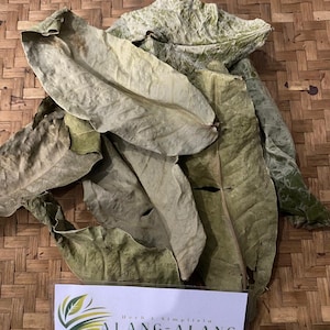 May include: Dried leaves of alang-alang, a type of grass, on a woven bamboo surface. The leaves are brown and green and have a rough texture. A white label with the text "Herb & Simplista Alang-Alang" is in the lower right corner.