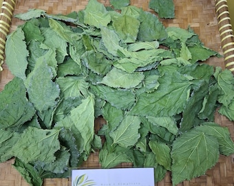 May include: A pile of dried green leaves on a woven bamboo tray. The leaves are arranged in a random pattern and are of various sizes. A small white label with the text "ALANG-ALANG" is visible in the lower right corner of the image.
