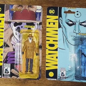 Dr. Manhattan et Rorschach ~ figurines personnalisées hommage aux fans ~ coffret de présentation sur carte Watchmen ~ héros DC Comics
