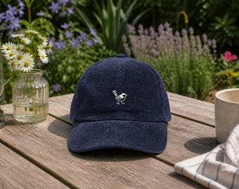 Vintage Corduroy Cap Embroidered Fairy Wren, Bird Lover Retro Hat