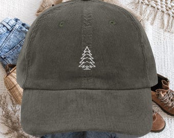 Embroidered Corduroy Cap, Minimalist Pine Tree Forest Hat, Vintage Outdoors Dad Hat
