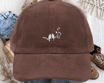 Perched Bird Outline Embroidered Corduroy Hat