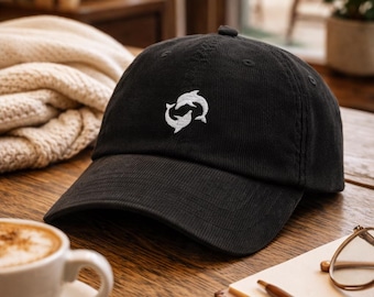Minimal Dolphin Couple Corduroy Cap | Vintage Ocean Coastal Hat