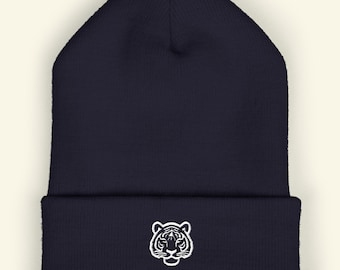 Embroidered Tiger Face Beanie - Minimalist Winter Hat