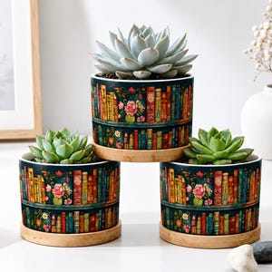 Bookshelf Vintage Plant Pot Ceramic Plant Pot, Succulent Planter, Books And Floral Design, Book Lover Gift, Teacher Gift