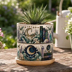 Pode incluir: Um vaso cilíndrico de cerâmica com base clara, apresentando ilustrações detalhadas de luas crescentes, livros empilhados, cristais, conchas e libélulas. Uma planta suculenta verde está dentro e o vaso repousa sobre um pires de madeira.