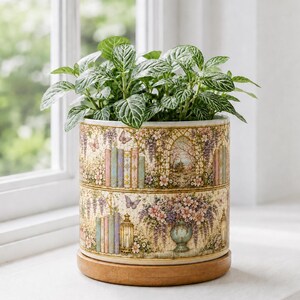Può includere: Un vaso cilindrico in ceramica con un'illustrazione dettagliata di librerie, composizioni floreali e farfalle in tenui tonalità pastello. Il vaso poggia su una base circolare in legno e contiene una pianta d'appartamento dalle foglie verdi.
