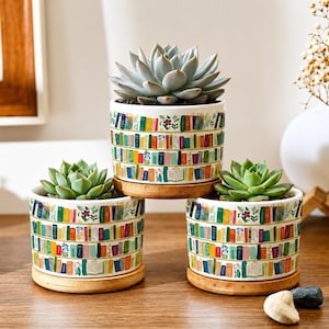 Puede incluir: Tres macetas cilíndricas de cerámica blanca, cada una con una planta suculenta verde. Las macetas presentan un patrón colorido de libros apilados y pequeños detalles florales, y cada una descansa sobre una base circular de madera clara.