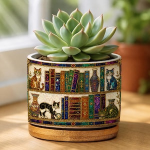 May include: A succulent plant sits in a cylindrical ceramic planter featuring a colourful, stained-glass style print of cats, books, and vases on shelves. The planter rests on a circular bamboo saucer, creating a decorative display for indoor greenery.