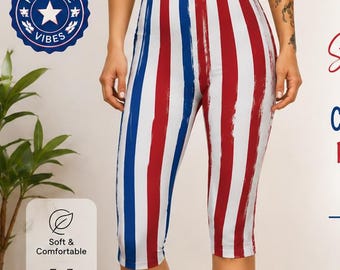 Leggings Capri con estampado de la bandera estadounidense a rayas rojas, blancas y azules, diseño de pinceladas, 4 de julio