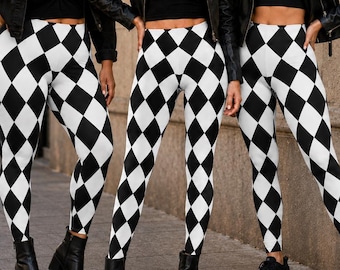 Leggings con estampado de arlequín en carbón y blanco, disfraz de bruja para Halloween, leggings con estampado de rombos y rombos.