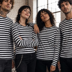Svartvit randig långärmad skjorta, unisex gotisk punktopp, mimkostymskjorta, alternativ Halloween-outfit