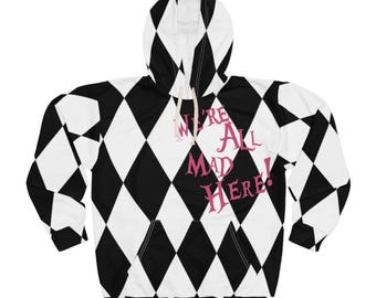 Black & White Harlequin Unisex Pullover Hoodie, We're All Mad Here, Gothic Clothing, Alice in Wonderland Gift, Joker Costume, Halloween