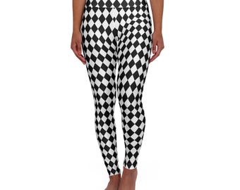 Harlequin Yoga Leggings Mad Hatter High Waisted Pants, Workout Leggings Black and White Activewear, Athleisure Yoga Pants for Women