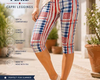 Leggings fantasia 4 luglio America 250 Leggings Capri a quadri patriottici Capri a quadri rossi, bianchi e blu