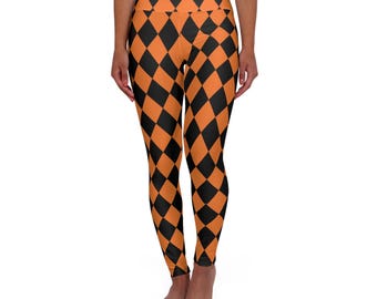 Orange & Black Halloween Pumpkin Harlequin Yoga Leggings Mad Hatter High Waisted Workout Leggings Activewear Athleisure Cosplay Costume