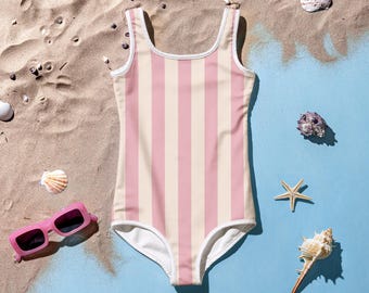 Pink and Cream Striped Girls Bathing Suit Patterned Kids Swimsuit