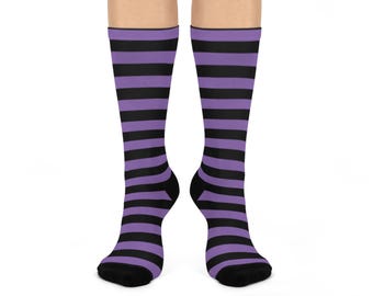Meias cano médio acolchoadas listradas em roxo e preto, estilosas | Calçado aconchegante para maior conforto | Perfeitas para uso diário, presentes e passeios casuais