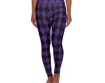 Halloween Harlequin Yoga Leggings Mad Hatter High Waisted Pants, Workout Leggings Black and Purple Activewear, Athleisure Yoga Pants
