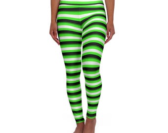 Gestreifte Hexe Yoga Leggings, Grün & Schwarze Hohe Taille Strumpfhose, Halloween Kostümhose, Workout Leggings, Activewear Bekleidung