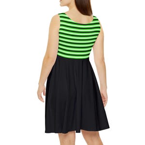 Auffälliges schwarz-grün gestreiftes Damen Skater Dress, Halloween Witch Stripe Summer Fashion, Party Outfit,