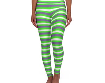 Gestreifte Hexe Yoga Leggings, Grün & Lila Hohe Taille Strumpfhose, Halloween Kostüm Hose, Workout Leggings, Activewear Bekleidung