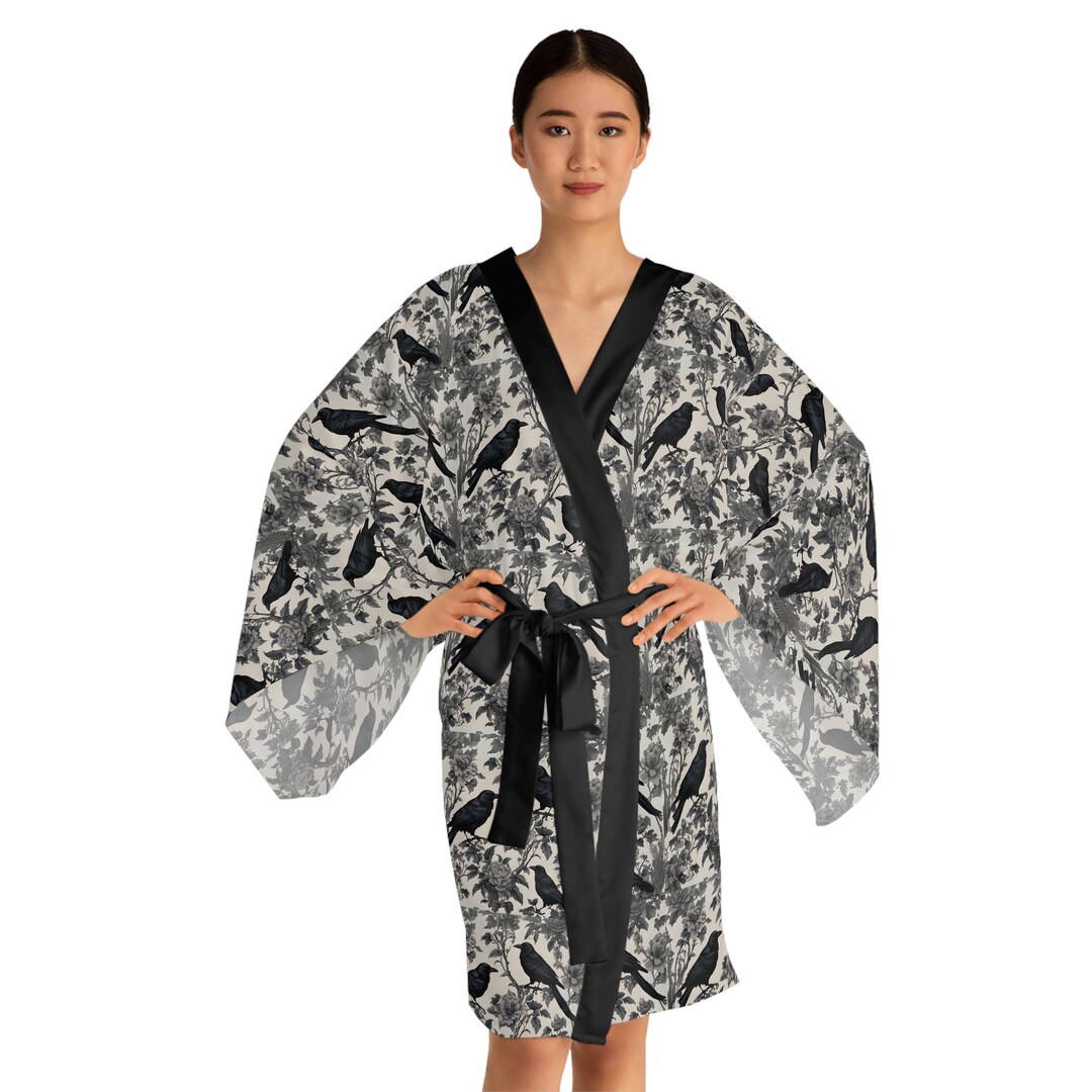 Ethereal Vintage Toile Crow Long Sleeve Kimono Robe Wrap Dressing Gown ...