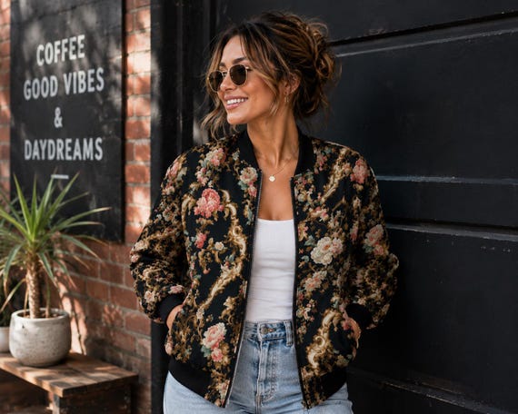 Retro Floral Bomber Jacket 80s Style Outerwear, Women's