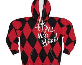 Red & Black Harlequin Unisex Pullover Hoodie, We're All Mad Here, Gothic Clothing, Alice in Wonderland Gift, Joker Costume, Halloween