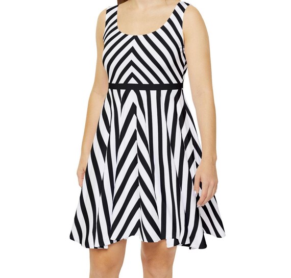 black and white striped skater dress Black & White Stripe Women's Skater Dress, Vintage Style Party Dress, Fall Fashion Dress, Spooky Dress Halloween Costume Dress