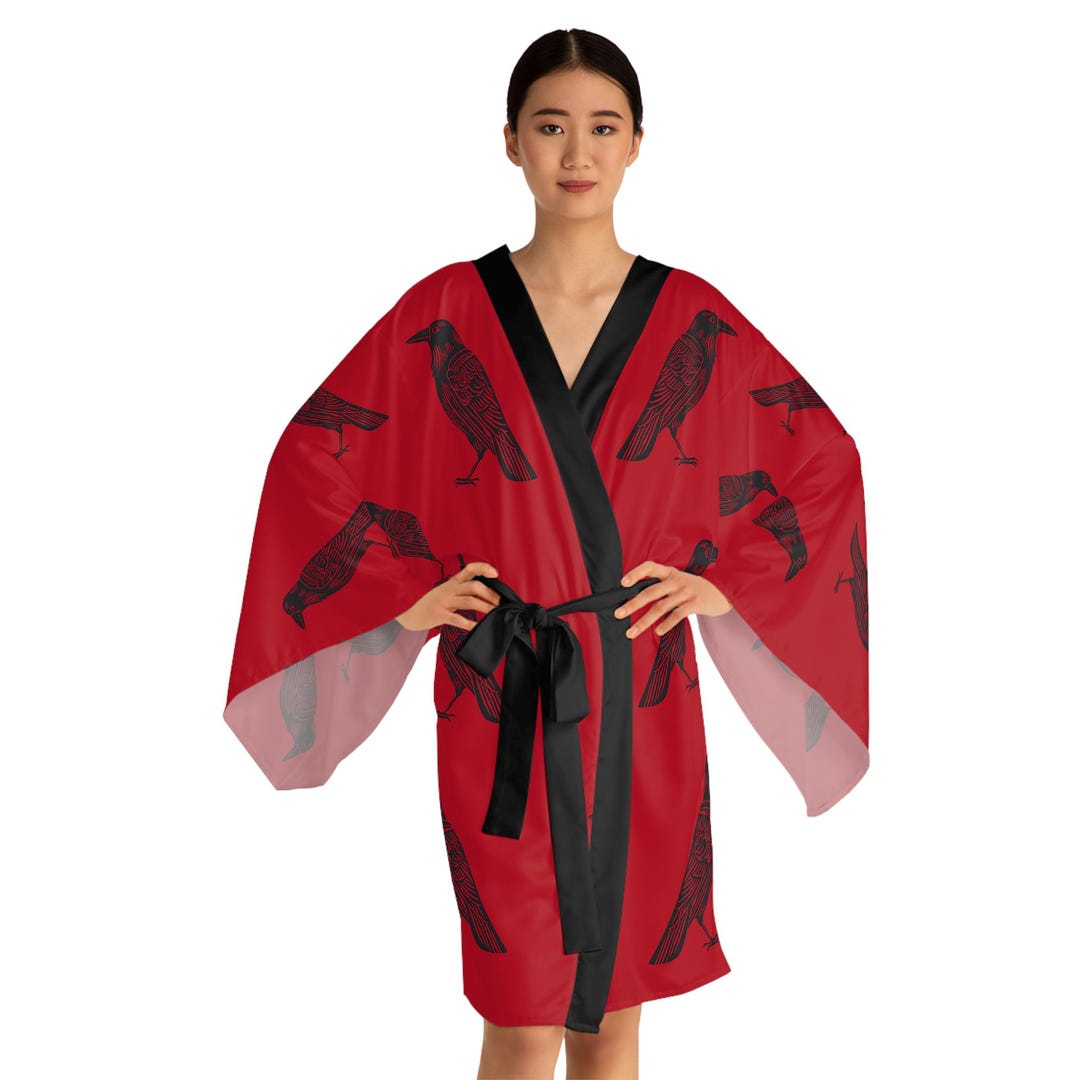 Kimono Robe, Vintage Crow Long Sleeve Wrap, Dressing Gown, Loungewear ...