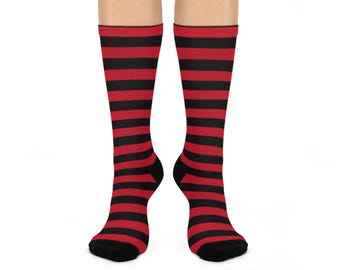 Meias cano médio acolchoadas listradas em vermelho e preto, estilosas | Calçado aconchegante para maior conforto | Perfeitas para uso diário, presentes e passeios casuais