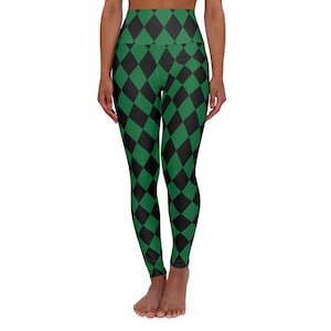 Bright Green & Black Halloween Harlequin Yoga Leggings Mad Hatter High Waisted Workout Leggings Activewear Athleisure Cosplay Costume