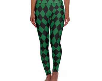 Bright Green & Black Halloween Harlequin Yoga Leggings Mad Hatter High Waisted Workout Leggings Activewear Athleisure Cosplay Costume