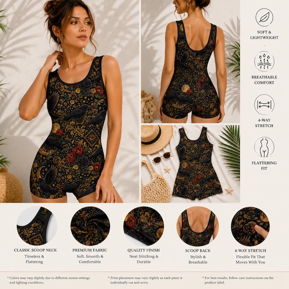 Gothic Raven Moon Vintage One Piece Swimsuit Witchy Bathing Suit Dark Academia Celestial Floral Boyshort Bodysuit