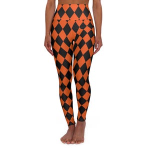 Halloween Harlequin Yoga Leggings Mad Hatter High Waisted Pants, Workout Leggings Black and Orange Activewear, Athleisure Yoga Pants