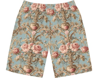 Retro Floral Board Shorts, Vintage 80s Rococo Beachwear, Ornate Swim Trunks, Men's Swim Shorts, Summer Vacation Apparel