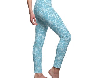 Leggings florales azules y blancos para mujer, ropa deportiva elegante, conjuntos casuales, pantalones de yoga, ropa cómoda para estar en casa, regalos para ella.
