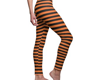 Halloween Schwarz Orange Gestreifte Leggings Witchy Cosplay Kostüm Lässige Trending Workout Hose, Alltagskleidung, Geschenkidee