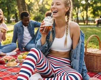 Röda vita blå vertikala randiga leggings 4 juli-outfit Americana